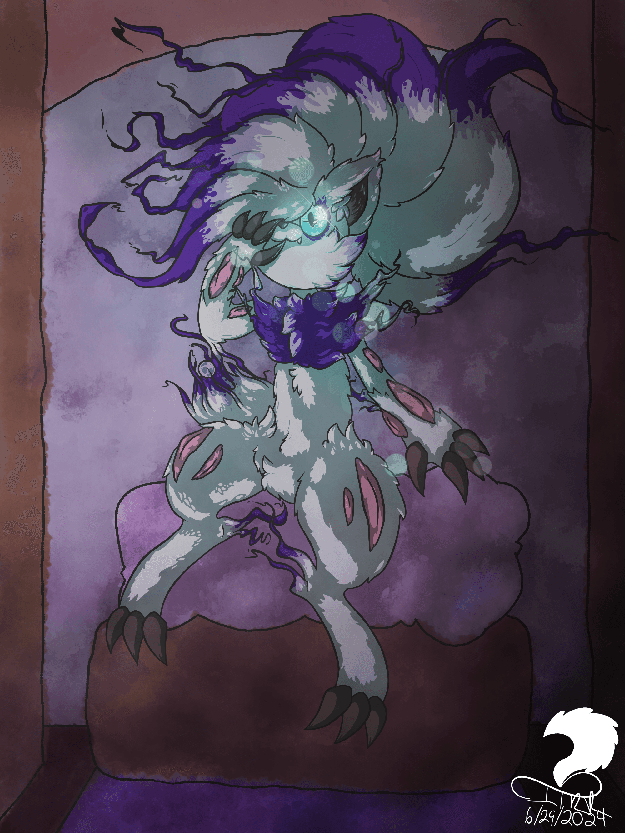 Hisuian Queen Octiva, who is a hisuian Zoroark, sitting on a cushion, and in a dark room. Her eyes glow blue