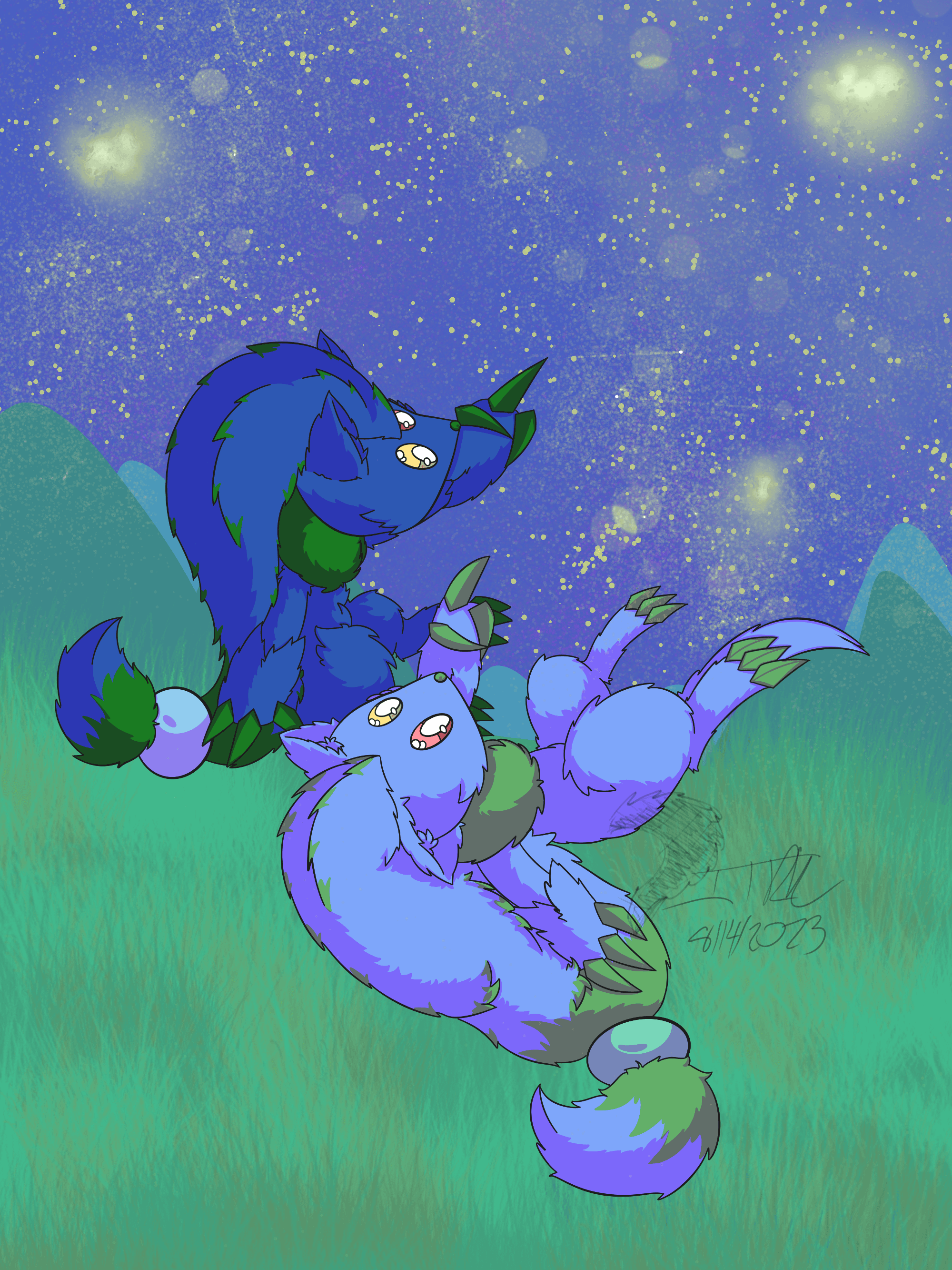 The twins Mortimer and Oliver sit on a grassy hill, and they peacefully stargaze on this clear night