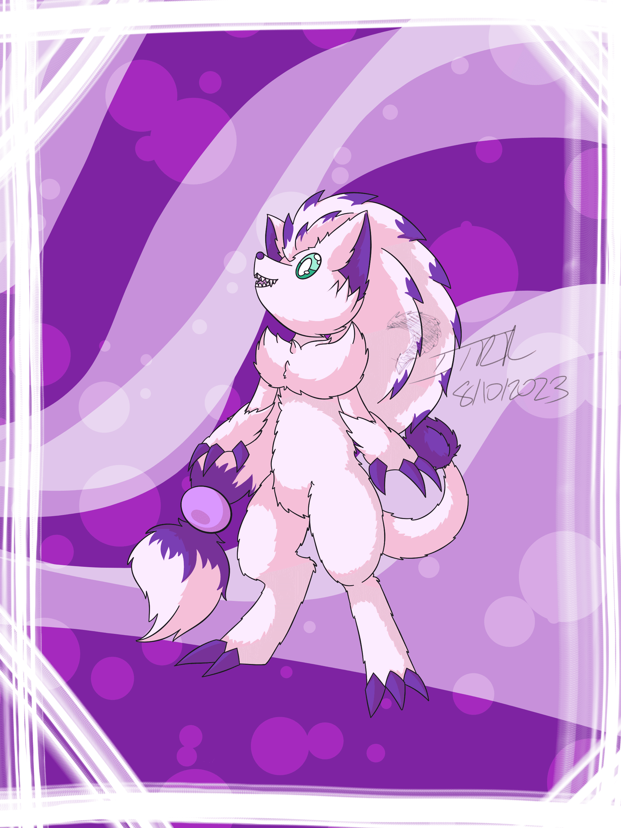 Queen Octaiva II's royalty painting, she is standing infront of a purple background