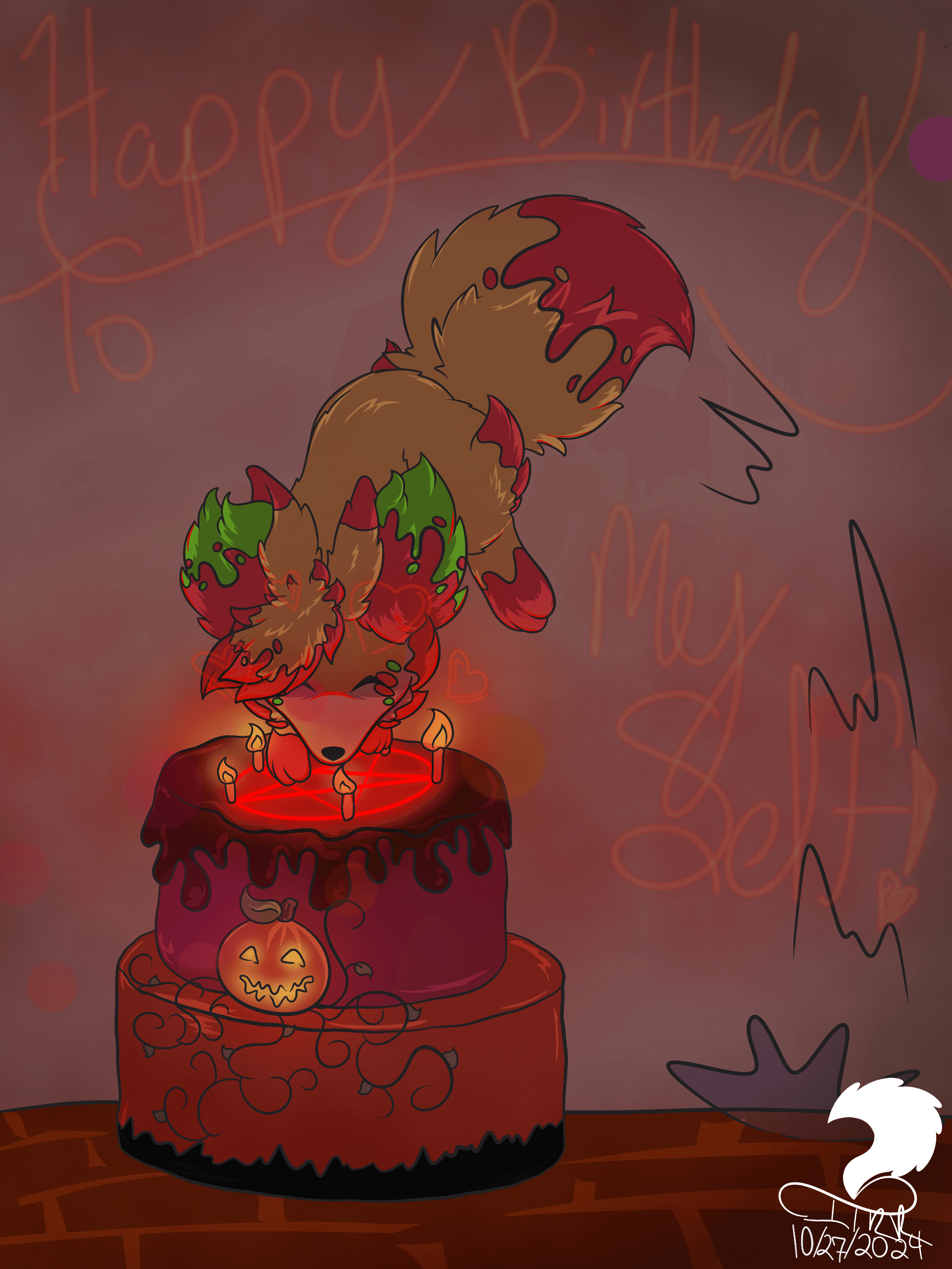 Fenki diving into a two-layer red velvet cake that has Halloween decor icing on it, with pentagram and five candles on the top