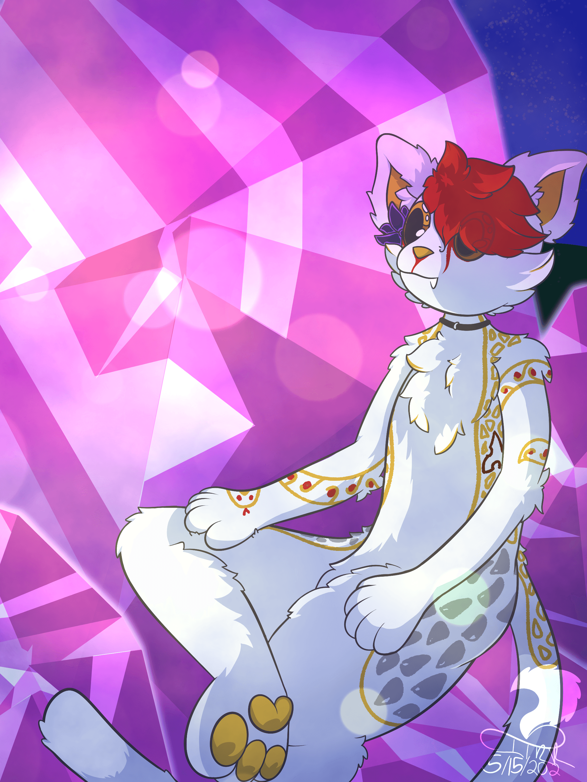 The white and gold Zeedah, as they sit surrounded by some beautiful crystals, enjoying the warmth of the night world around them