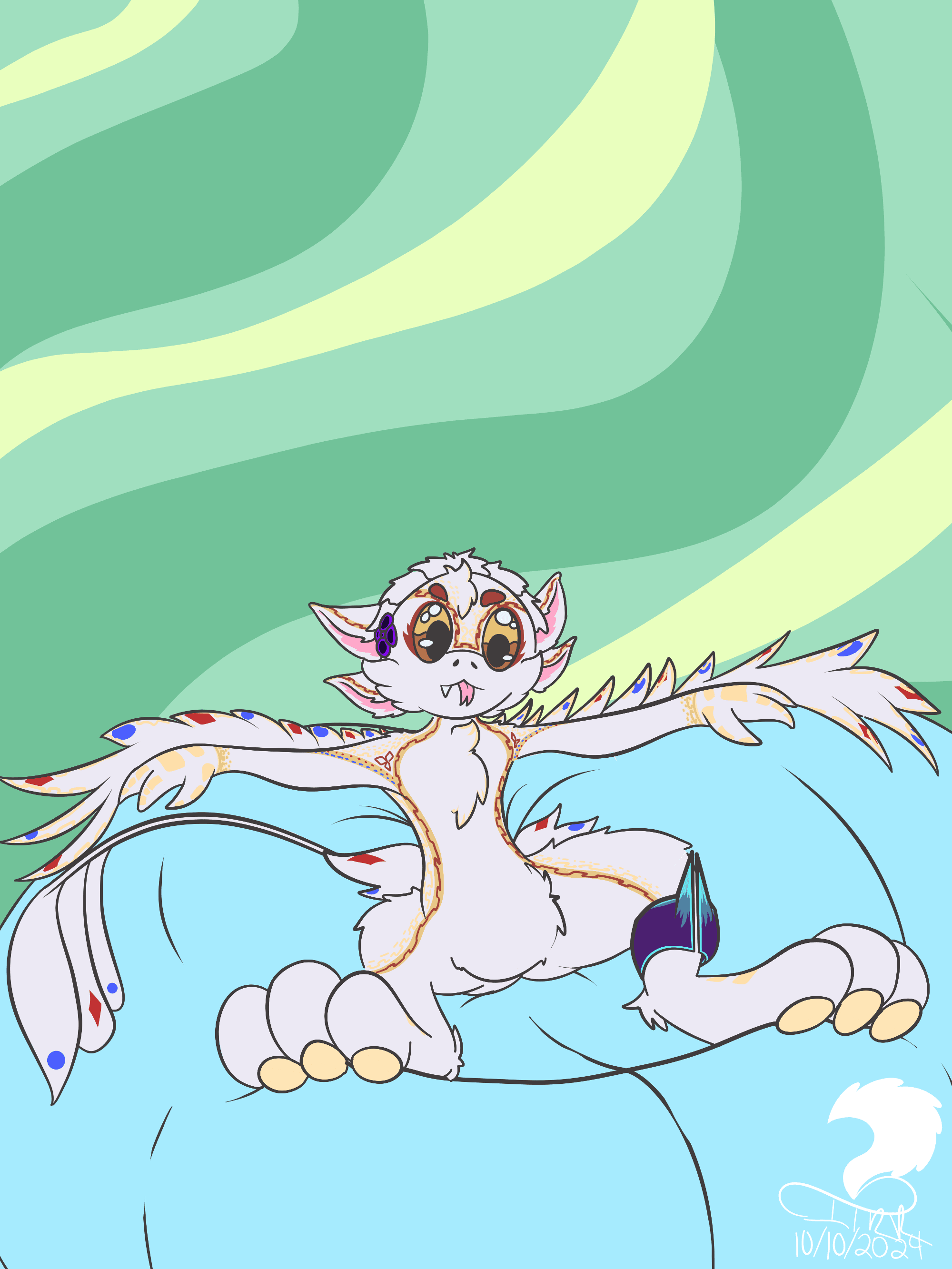 A Diven Avali, named Maken, is sitting on a sky-blue beanbag.