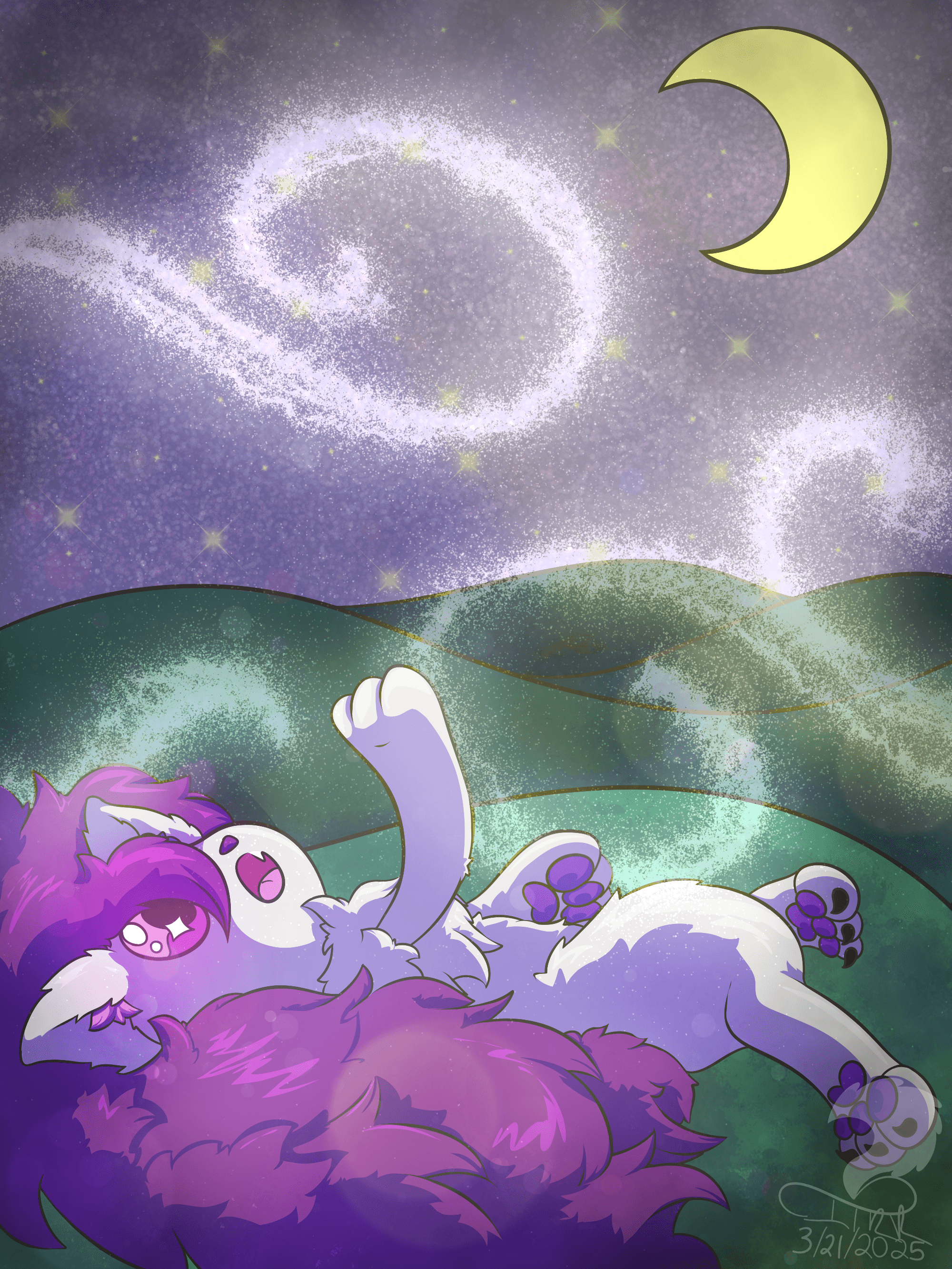 Michel, a pearl white Zoroark, laying under the wonderful glow of the moon in the middle of a field.